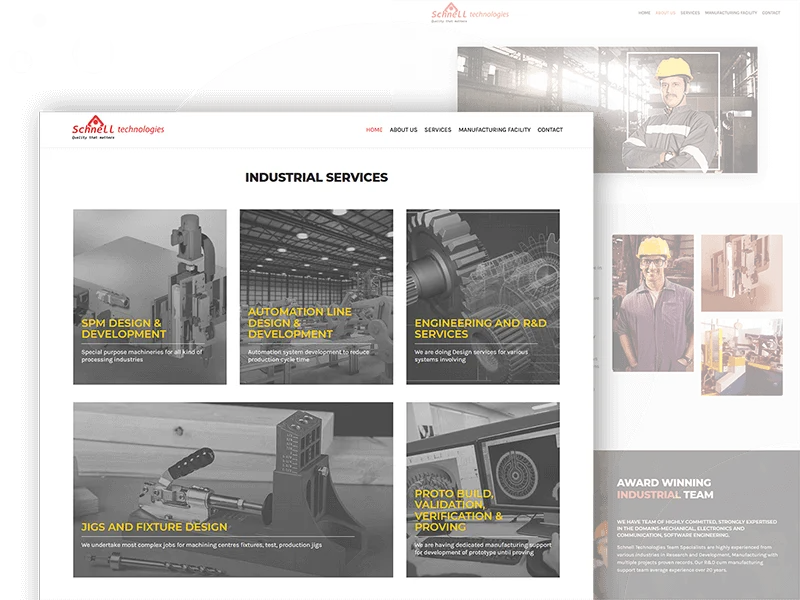 Custom website design for Schnell Technologies, showing service cards laid out around the client's actual industrial service categories