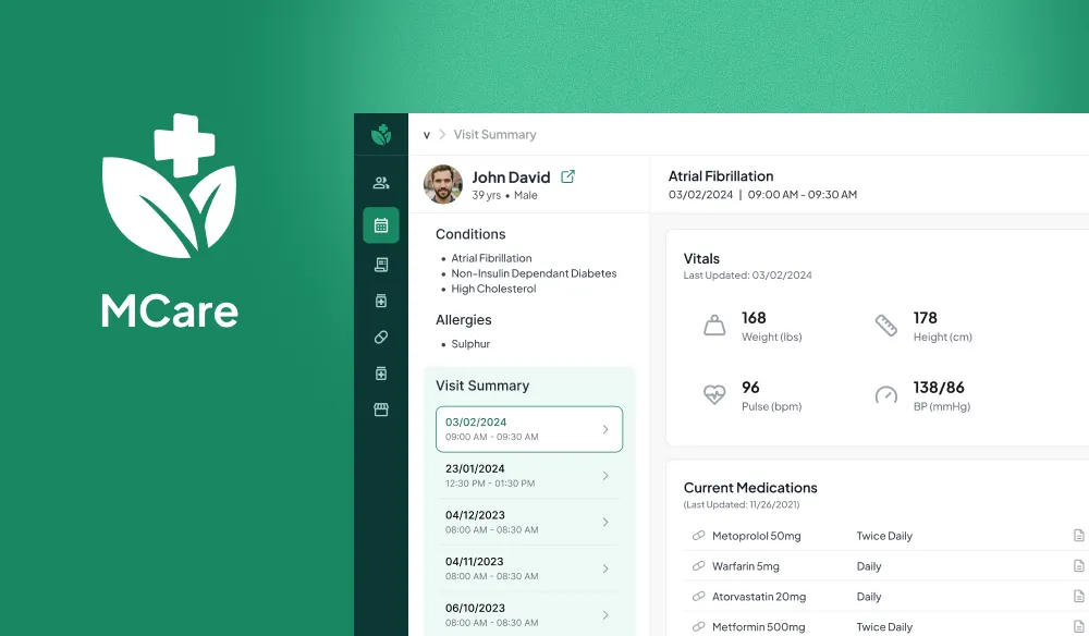 mCare EHR visit summary screen, UX/UI by DX4 Studio