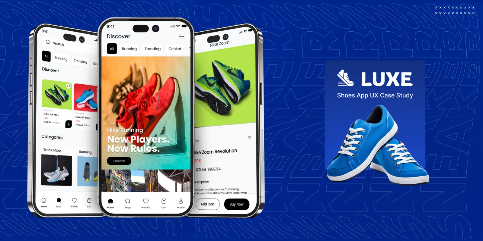 Three Luxe app screens: discover feed, home and a product page