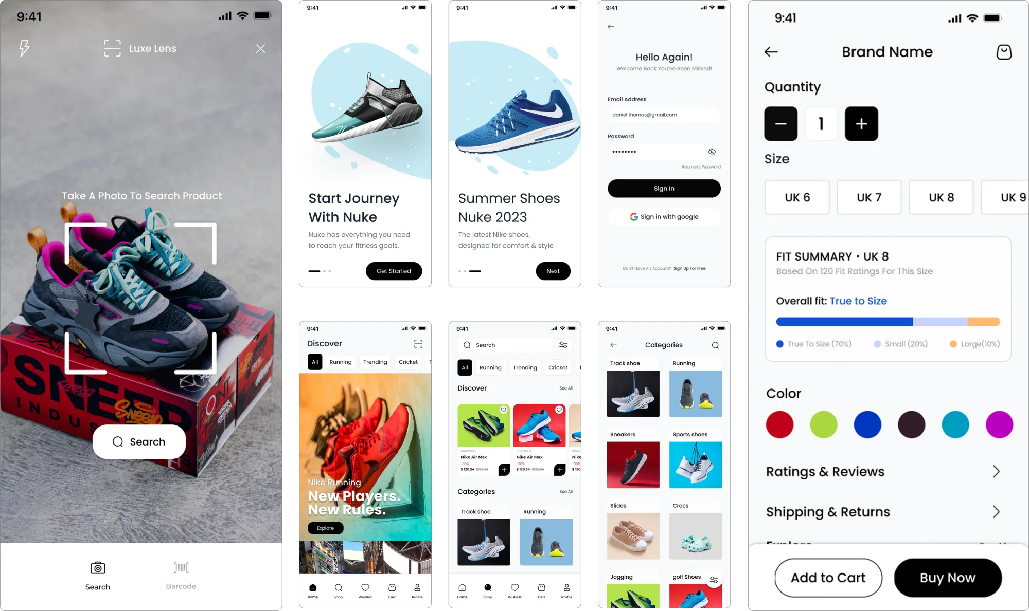 Final Luxe screens: Luxe Lens photo search, onboarding, sign in, discover, categories and a product page with a fit summary, colours and Add to cart