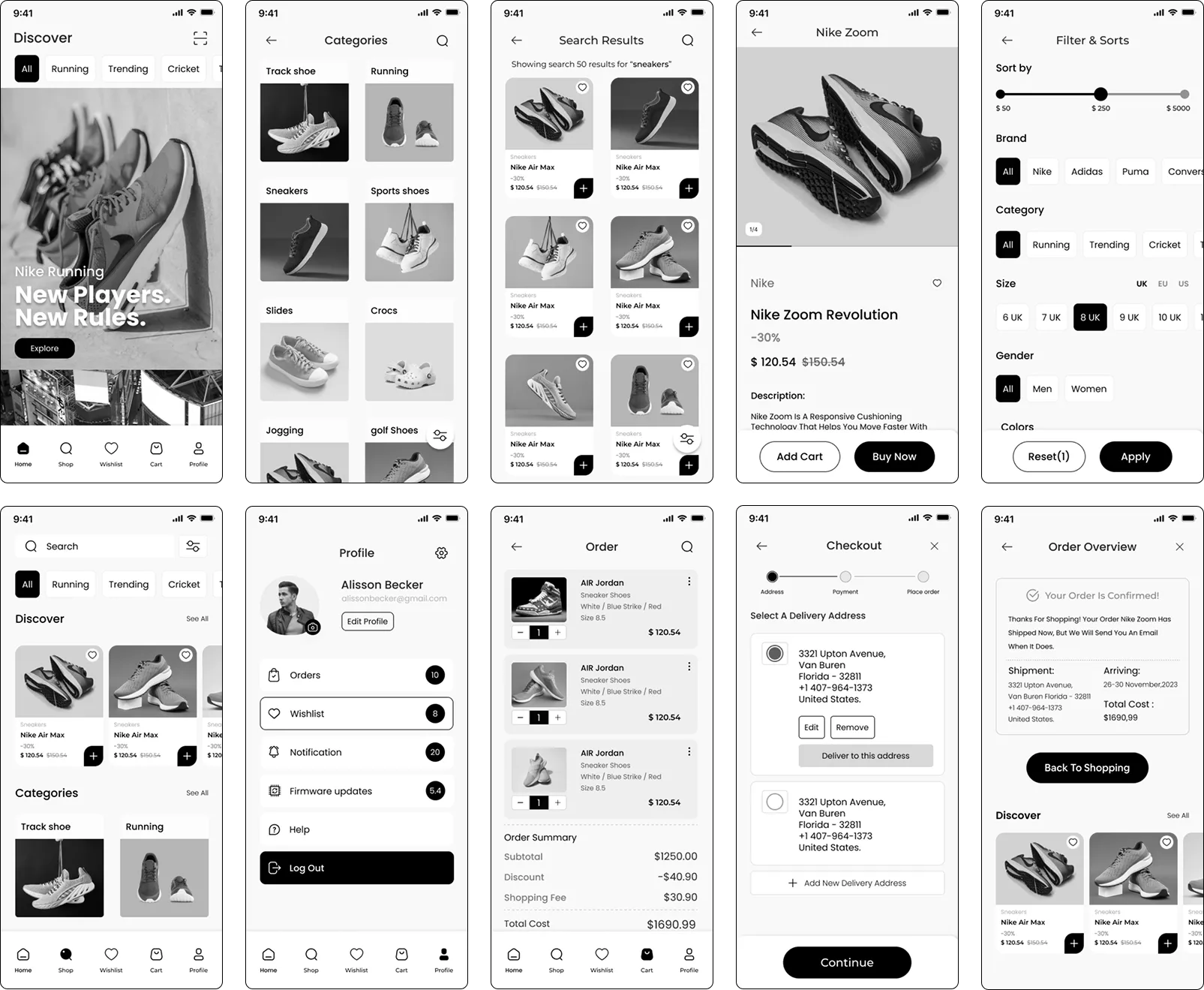 Ten Luxe wireframes: discover, categories, search results, product, filters, home, profile, order, checkout and order overview