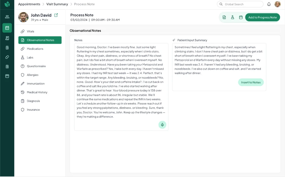 Process note with the conversation transcript and an AI patient input summary, with an Insert to notes button