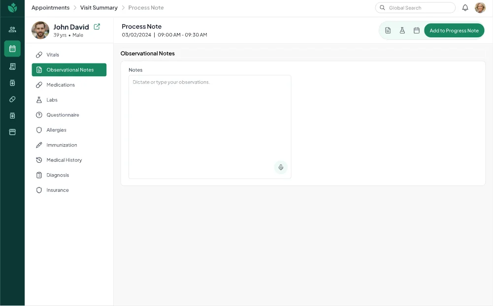 Process note screen with a dictation field and a microphone button